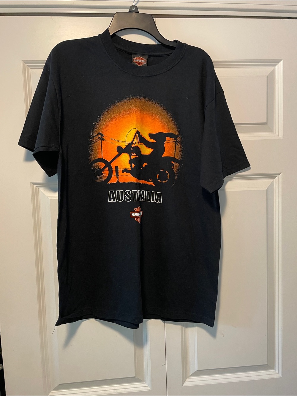 Harley-Davidson Black Tee with Orange Motorcycle Sunset and Australia Logo